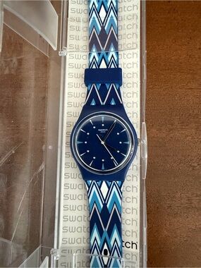 Swatch Blue Geometric Pattern Unisex Watch